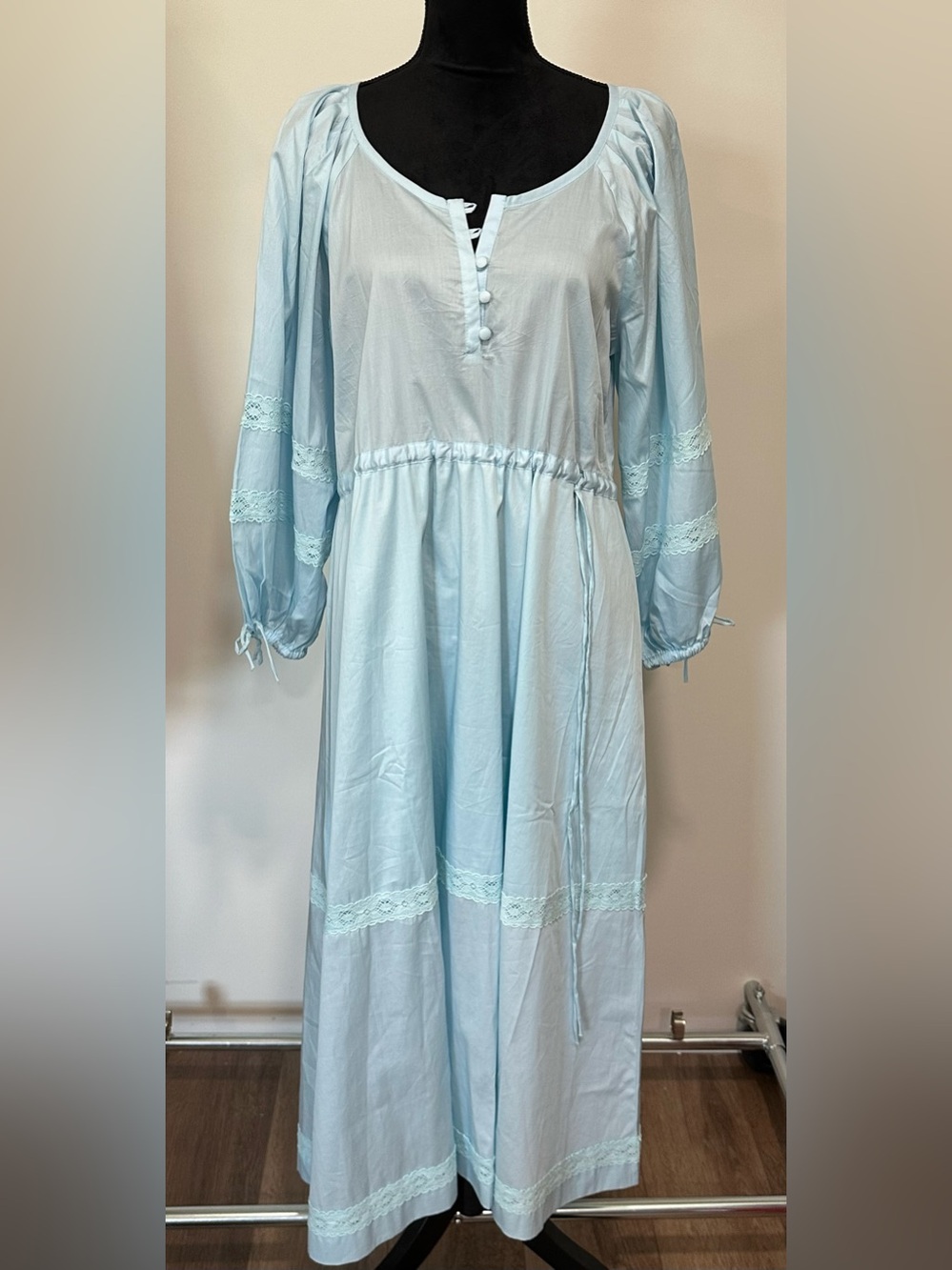 Harshman Light Blue Maxi Peasant Dress with Button Front NWT **Flawed* MSRP $304